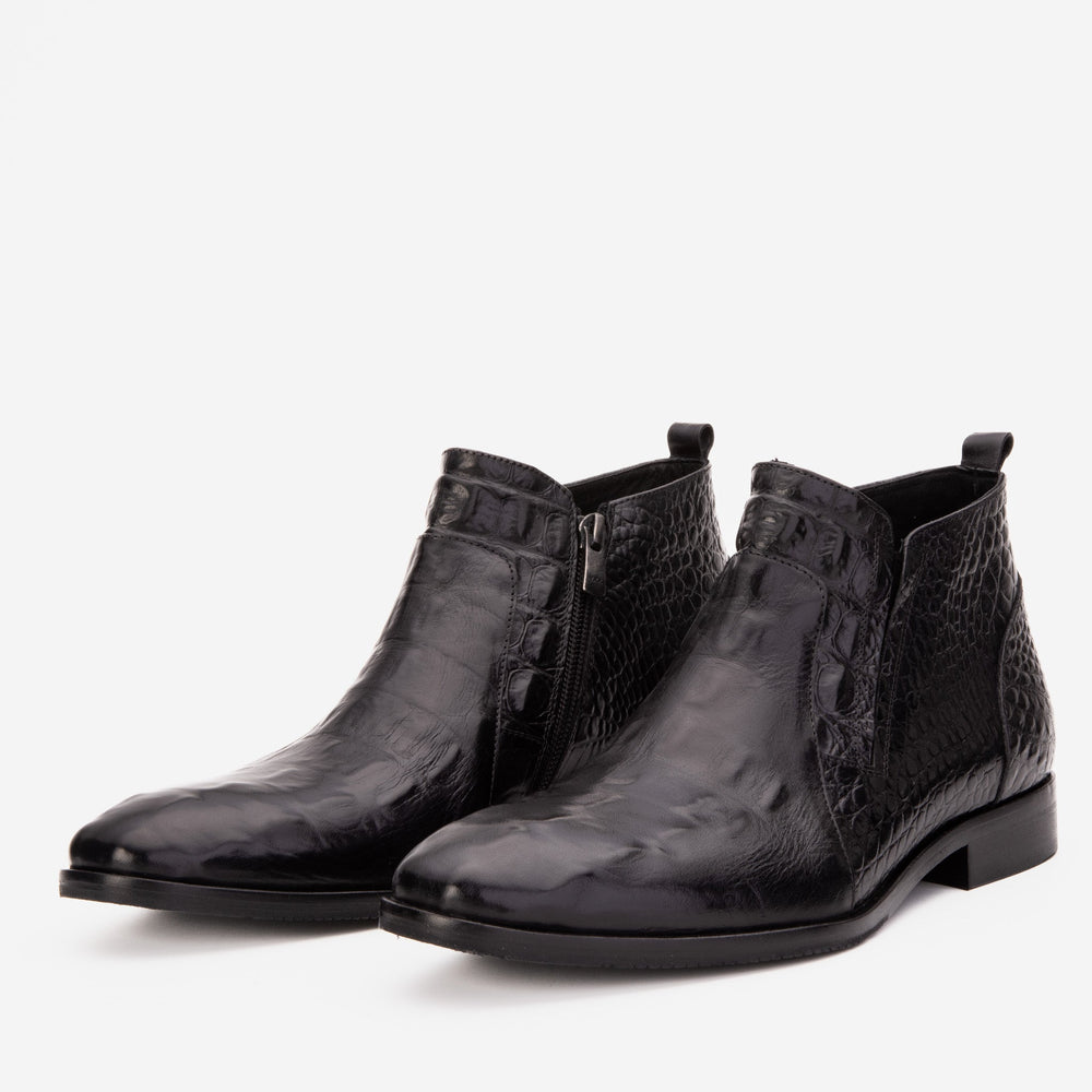 The Randor Black Crocodile Leather Side-Zip Dress Ankle Boot Fine Craftsmanship