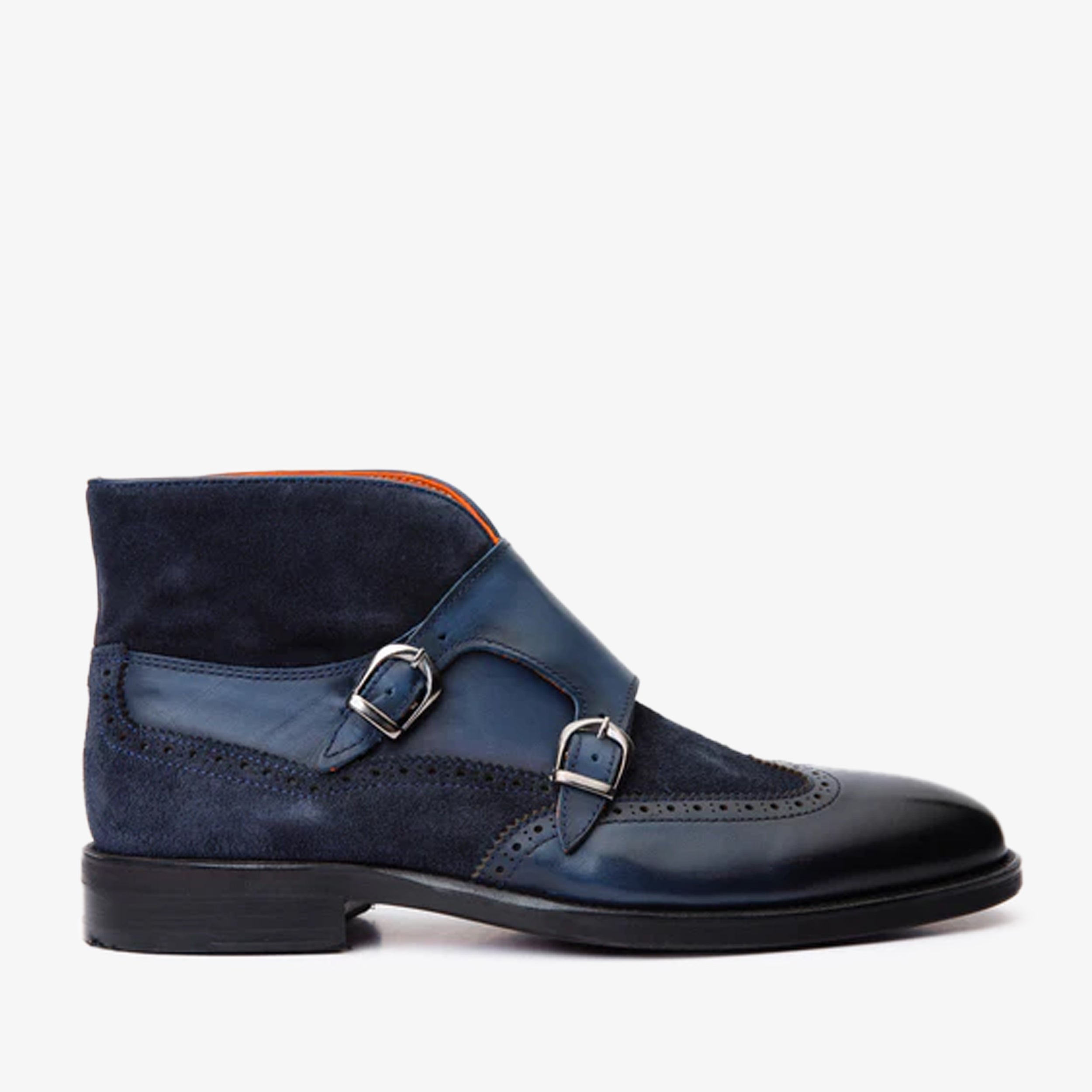 The Albus Navy Blue Leather Suede Double Strap Monk Brogue Boot On Sale