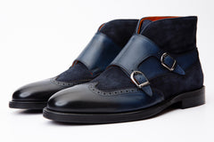 The Albus Navy Blue Leather Suede Double Strap Monk Brogue Boot On Sale