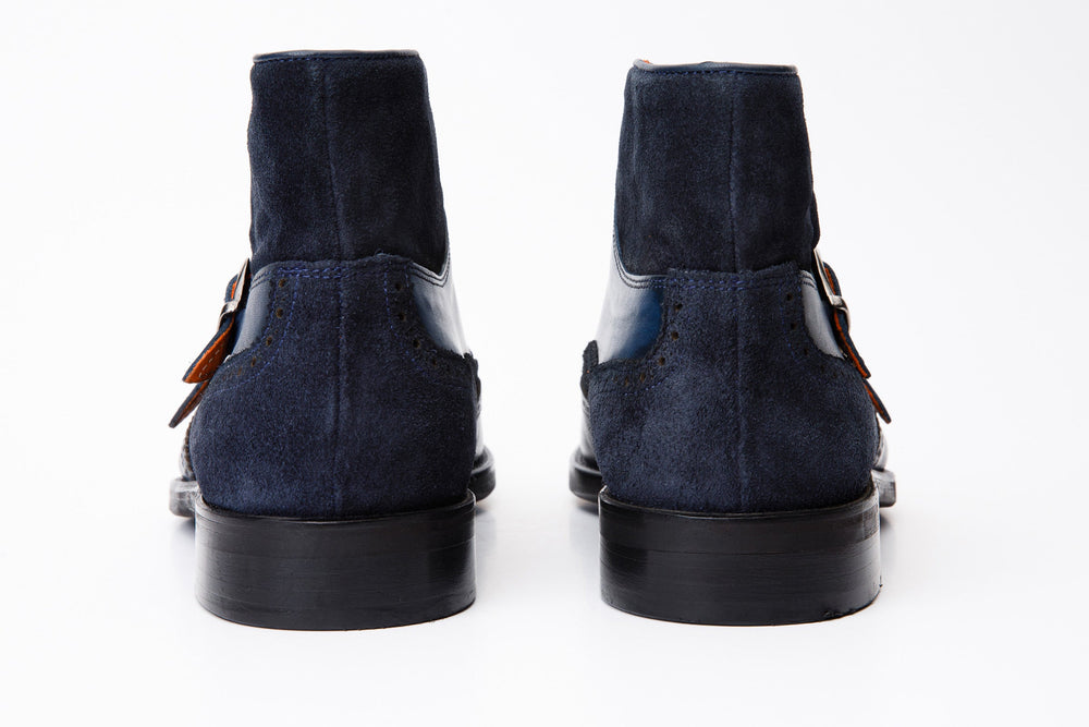 The Albus Navy Blue Leather Suede Double Strap Monk Brogue Boot On Sale