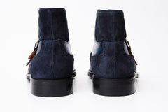 The Albus Navy Blue Leather Suede Double Strap Monk Brogue Boot On Sale