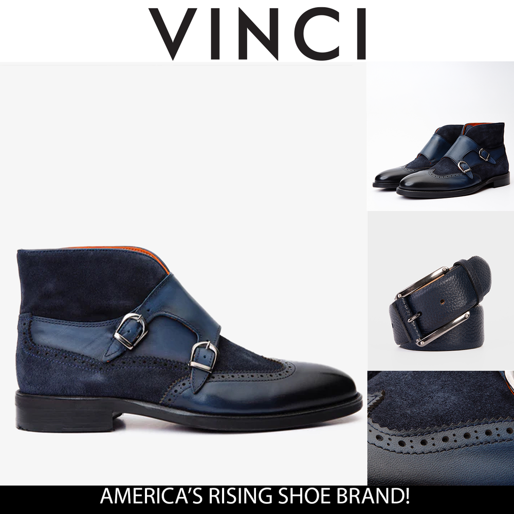 The Albus Navy Blue Leather Suede Double Strap Monk Brogue Boot On Sale