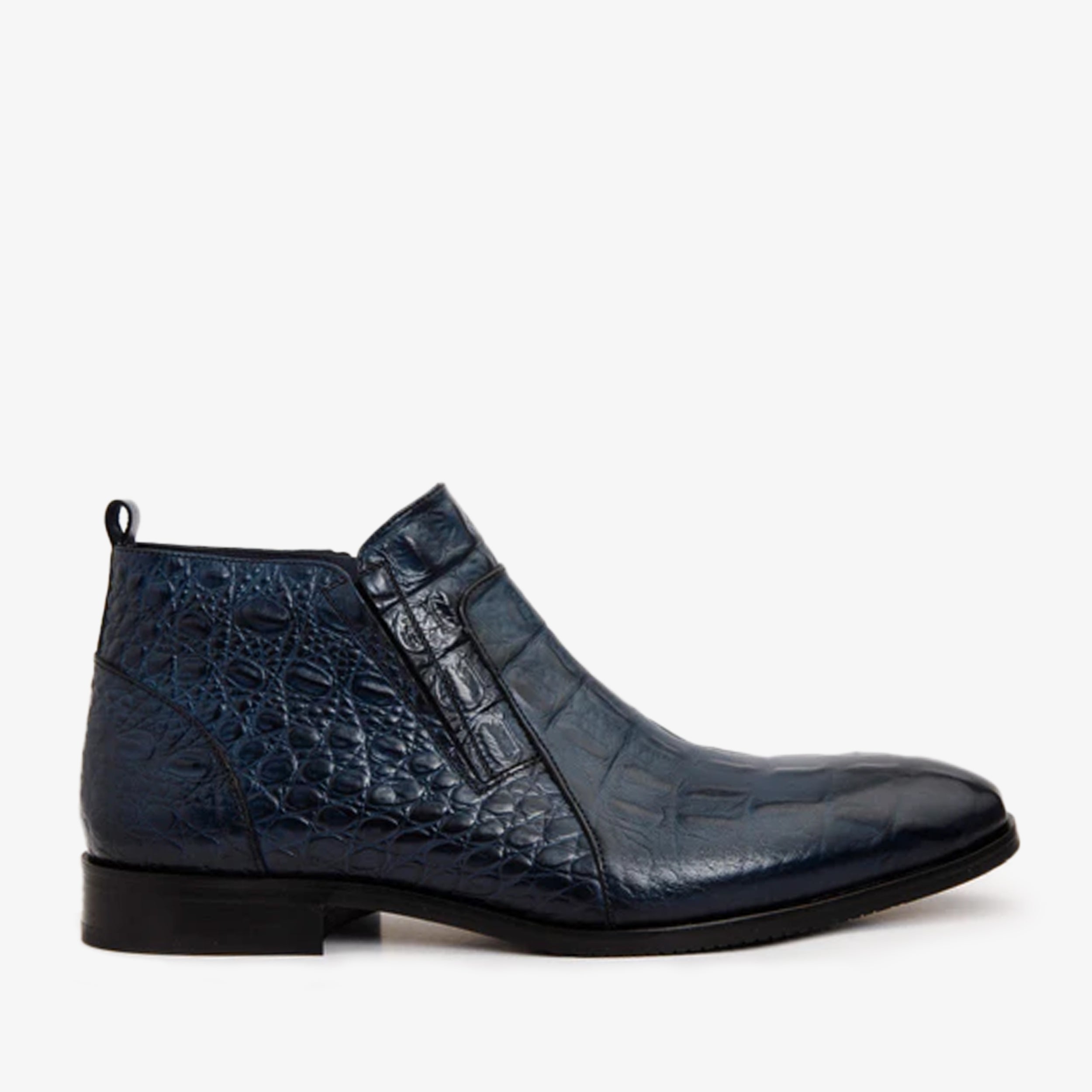 The Randor Navy Blue Crocodile Leather Side-Zip Dress Ankle Boot All New