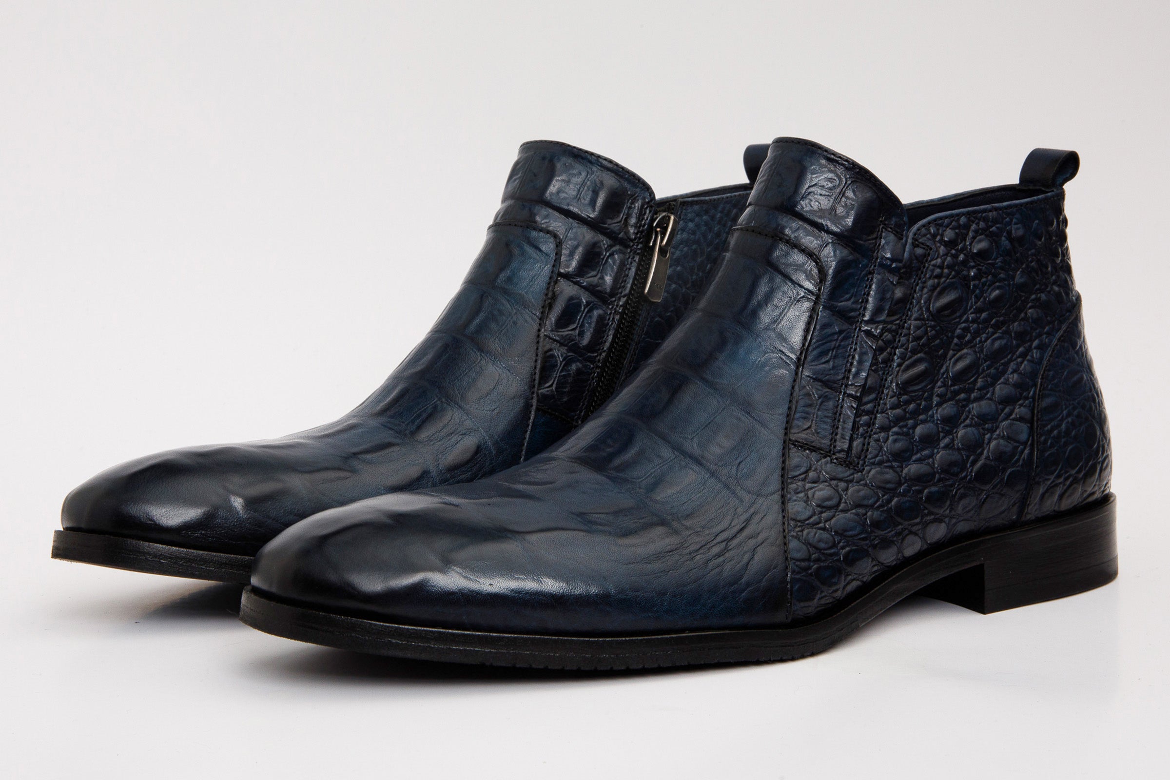 The Randor Navy Blue Crocodile Leather Side-Zip Dress Ankle Boot All New