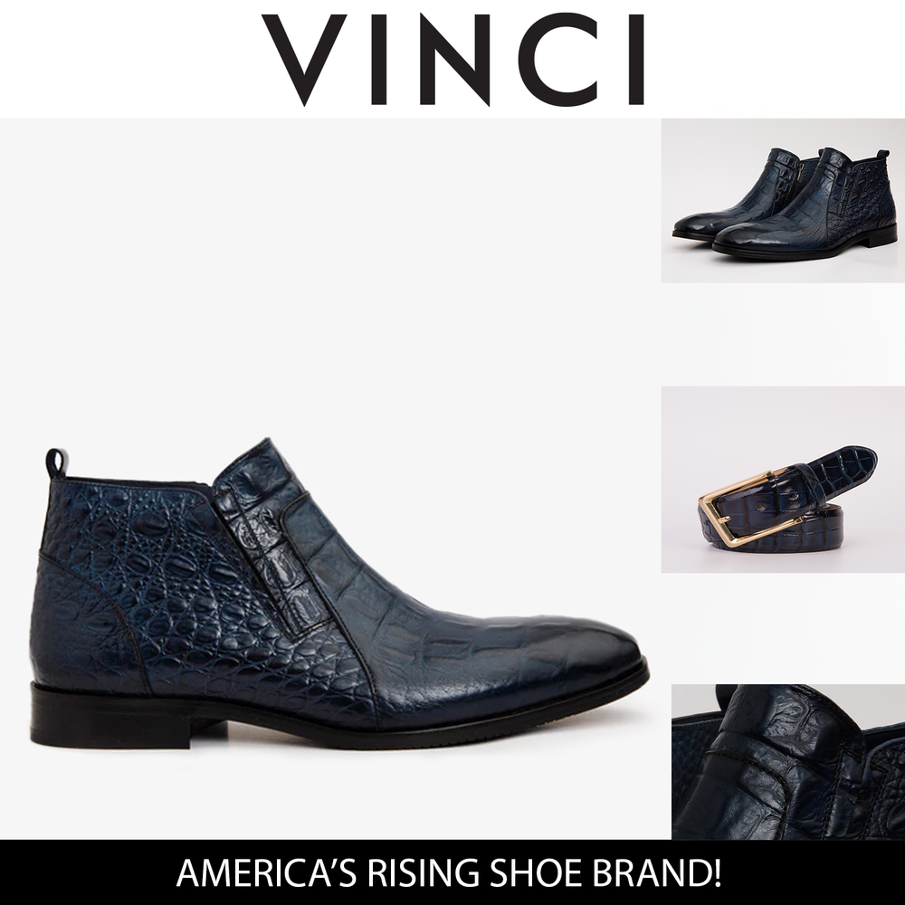 The Randor Navy Blue Crocodile Leather Side-Zip Dress Ankle Boot All New