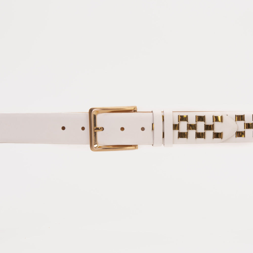 The Mackenzie White Gold Woven Leather Belt For Sale
