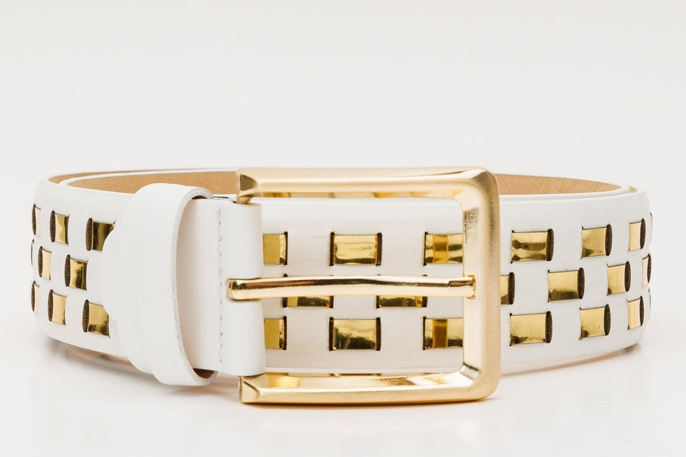 The Mackenzie White Gold Woven Leather Belt For Sale