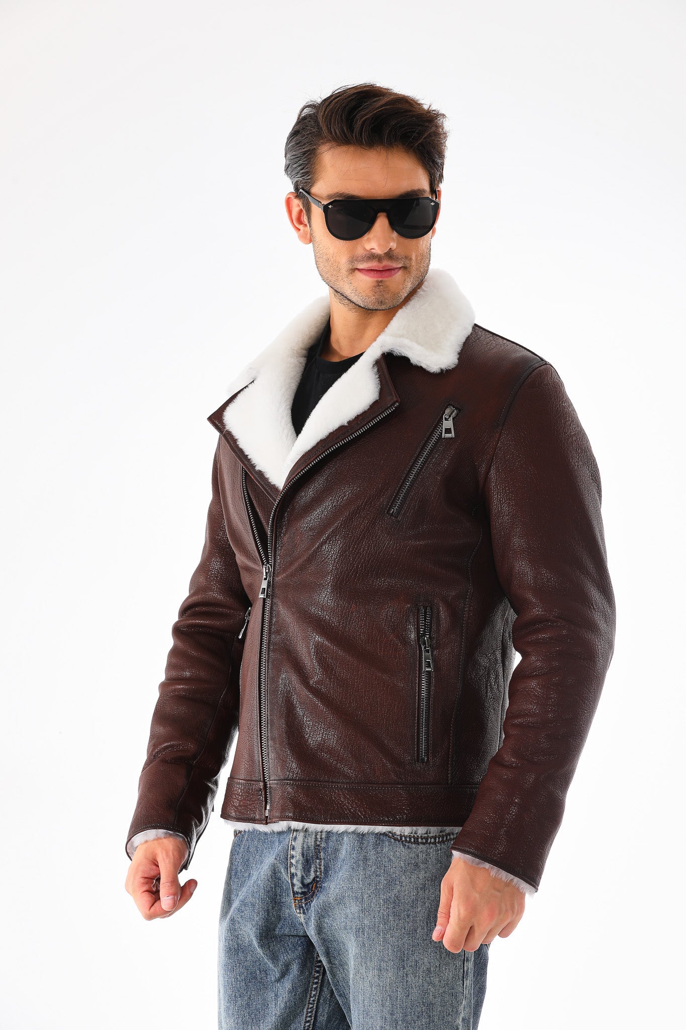 The Cortina Brown White Shearling Leather Jacket All New