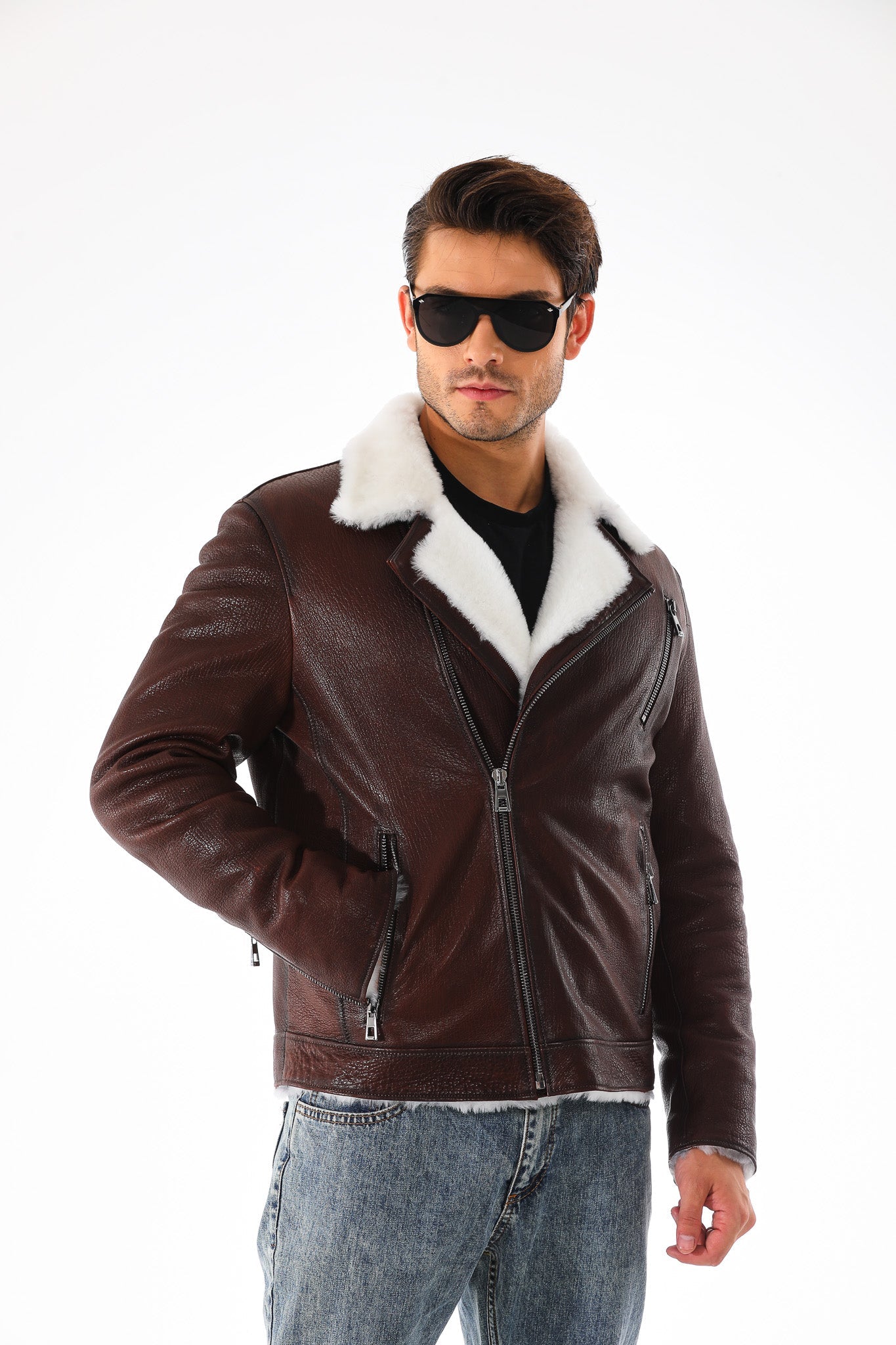 The Cortina Brown White Shearling Leather Jacket All New