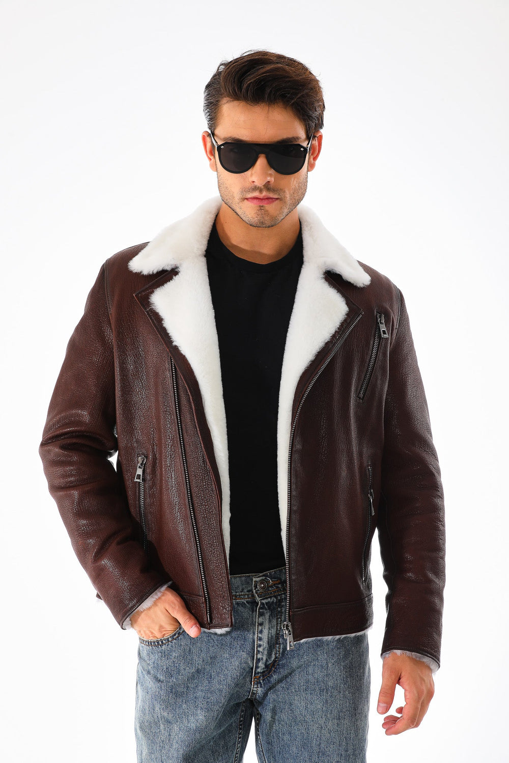 The Cortina Brown White Shearling Leather Jacket All New