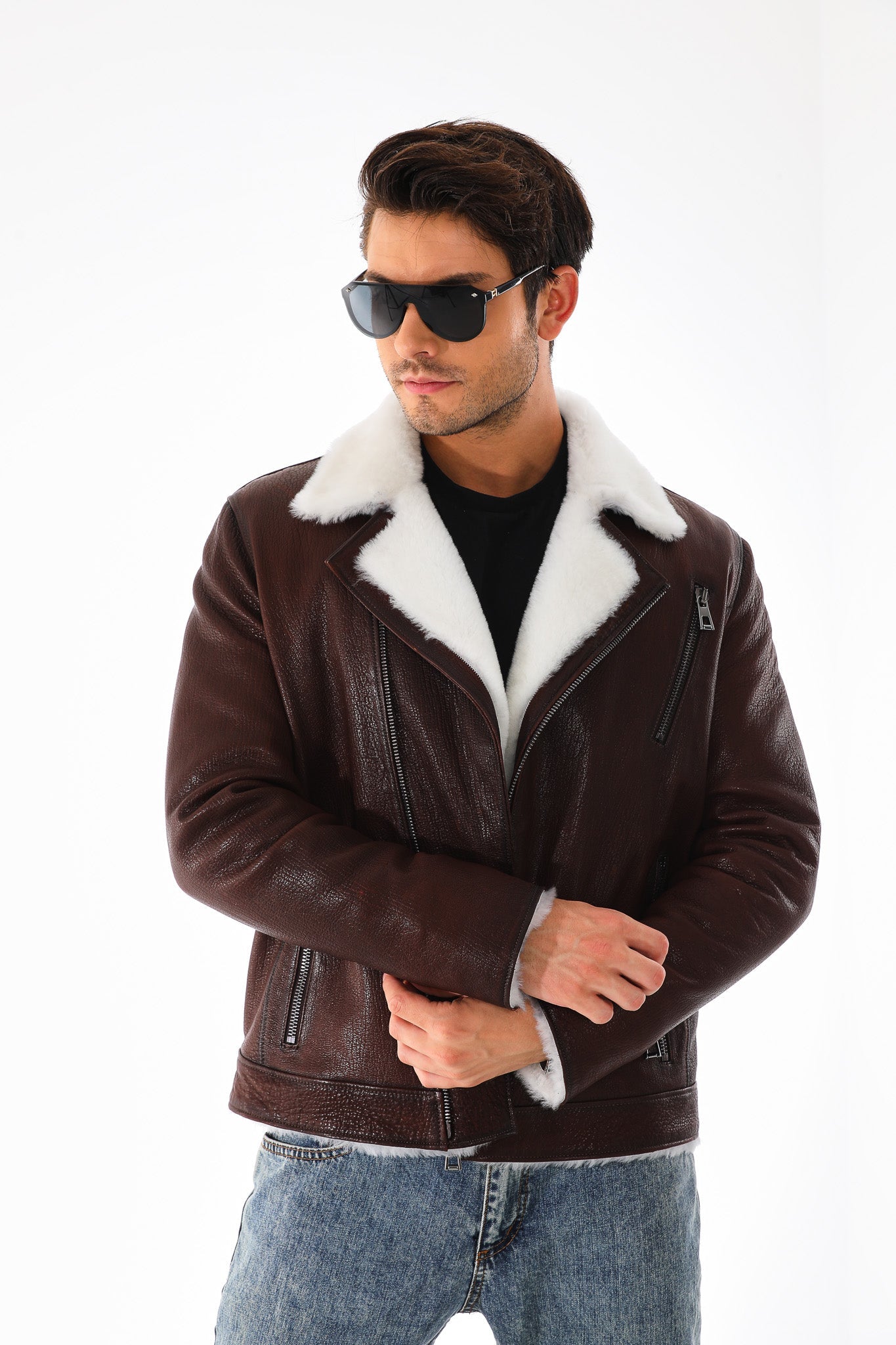 The Cortina Brown White Shearling Leather Jacket All New