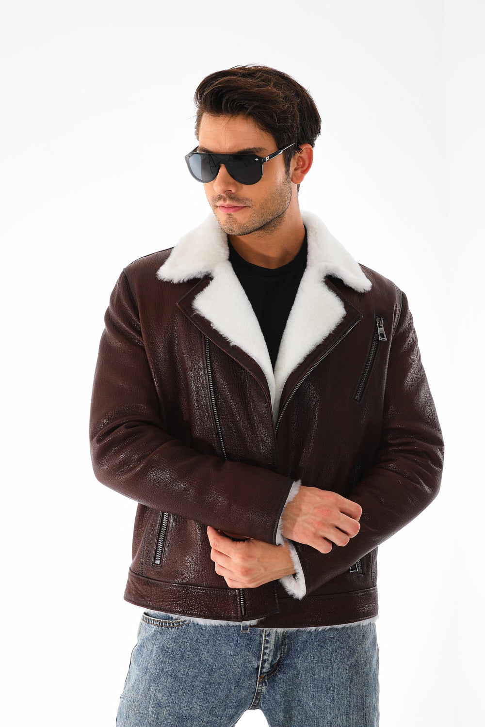 The Cortina Brown White Shearling Leather Jacket All New