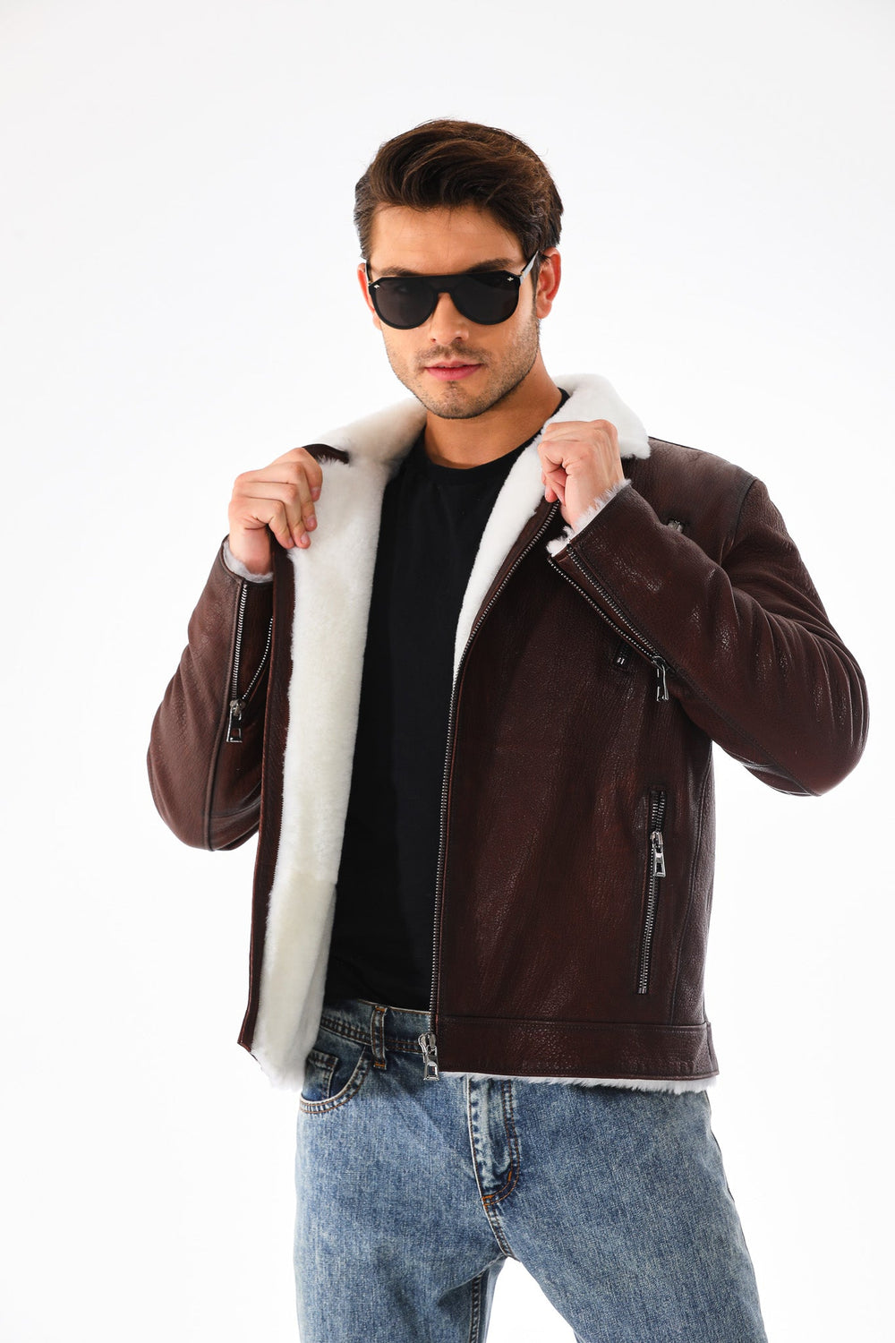 The Cortina Brown White Shearling Leather Jacket All New