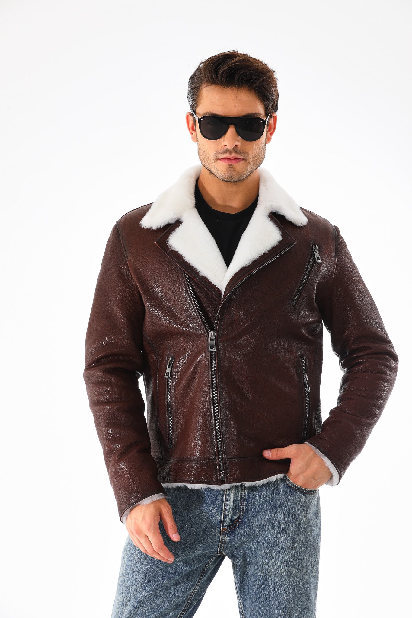 The Cortina Brown White Shearling Leather Jacket All New