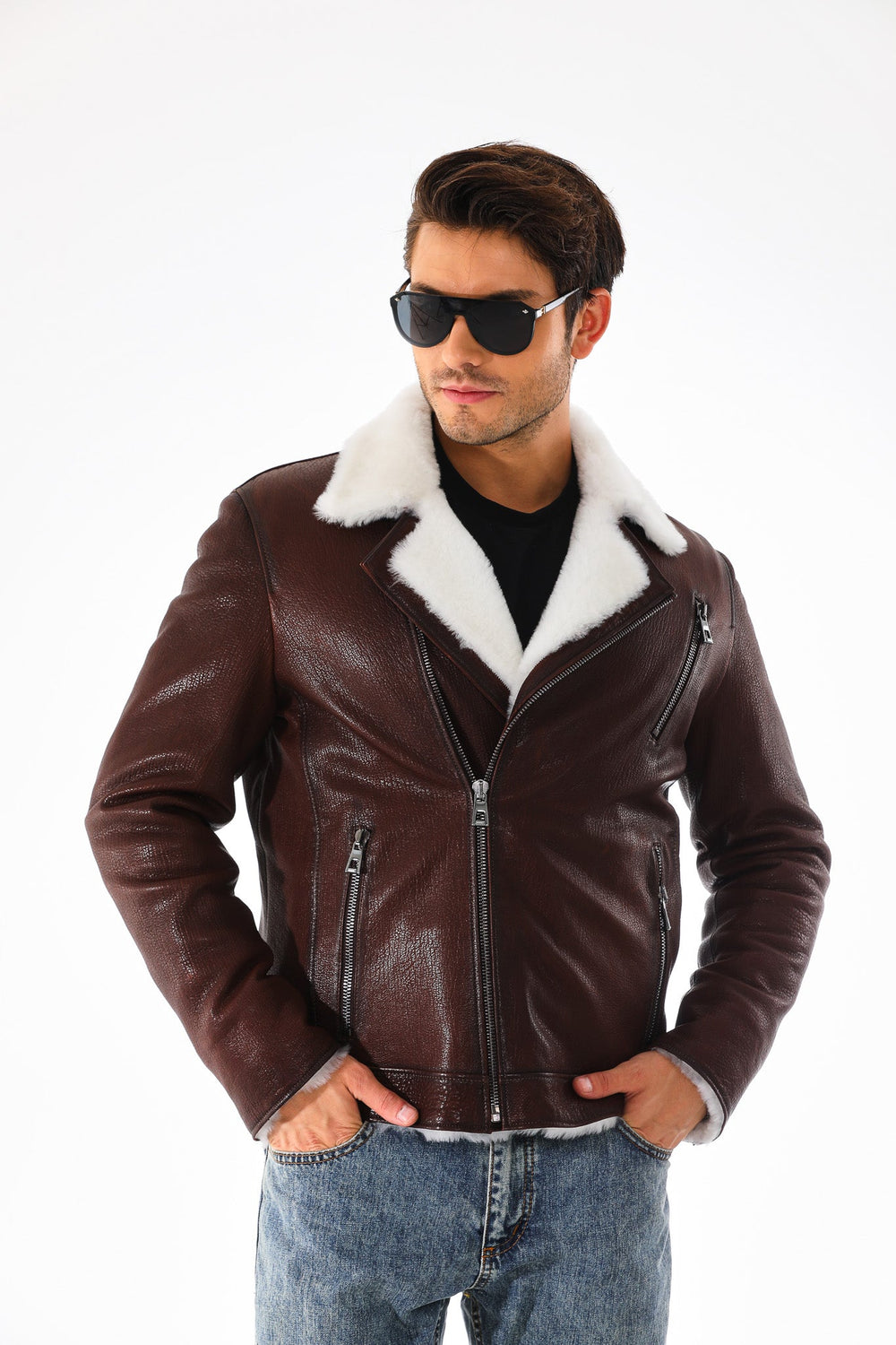 The Cortina Brown White Shearling Leather Jacket All New