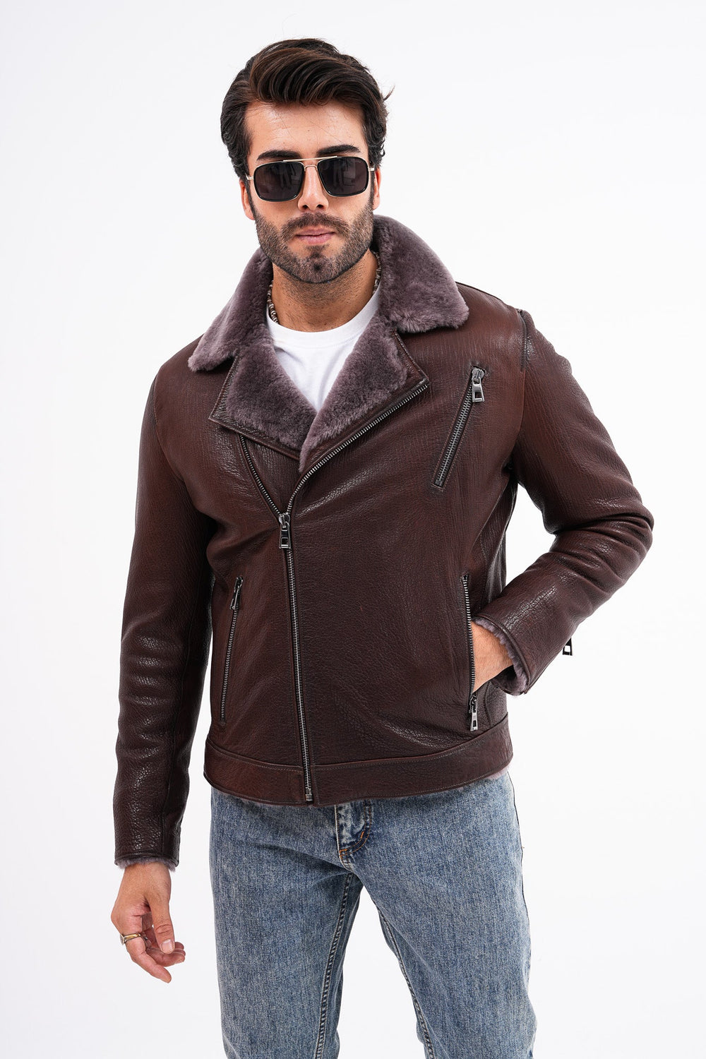 The Cortina Brown Shearling Leather Jacket Universal Fit