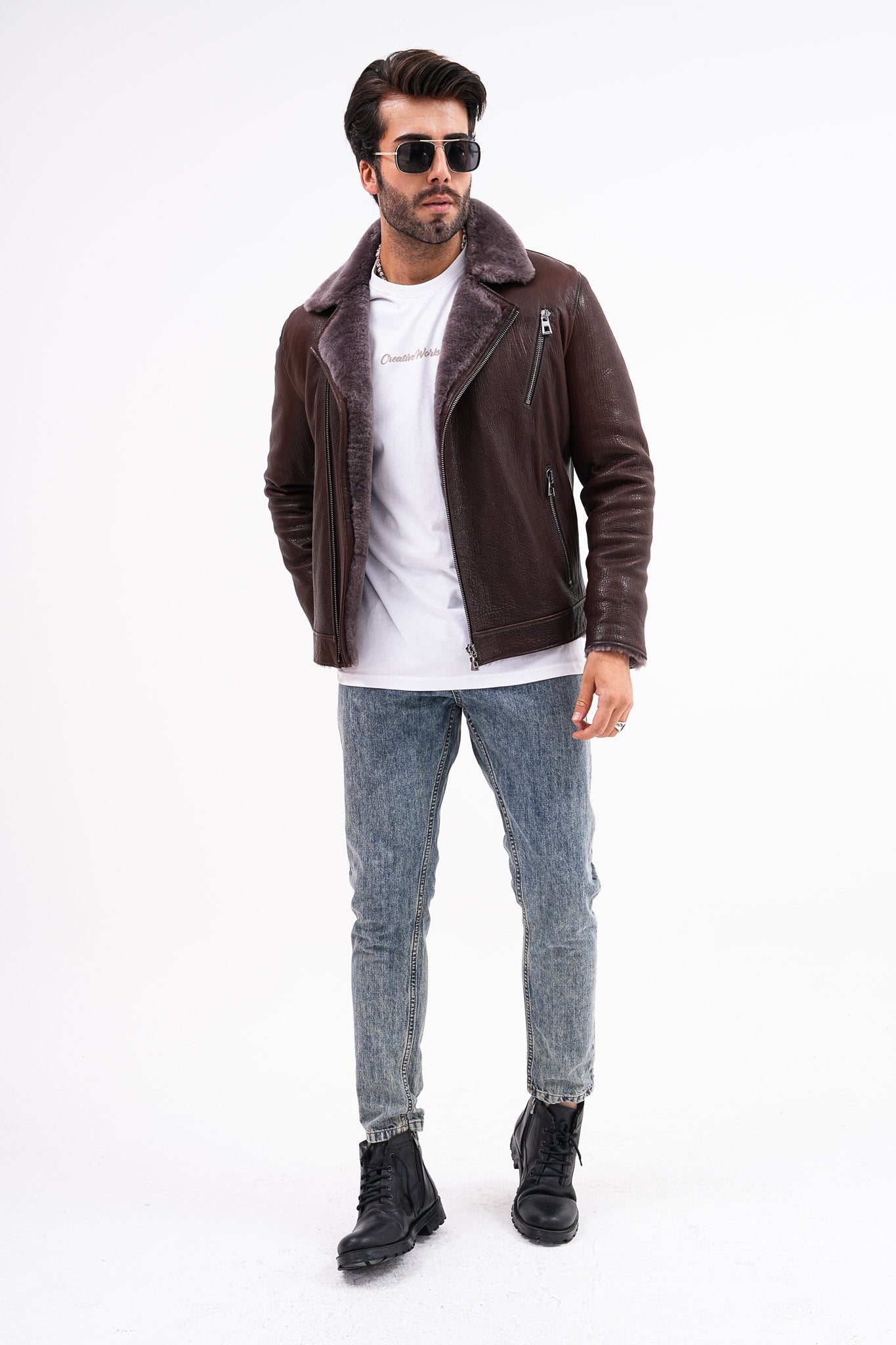 The Cortina Brown Shearling Leather Jacket Universal Fit