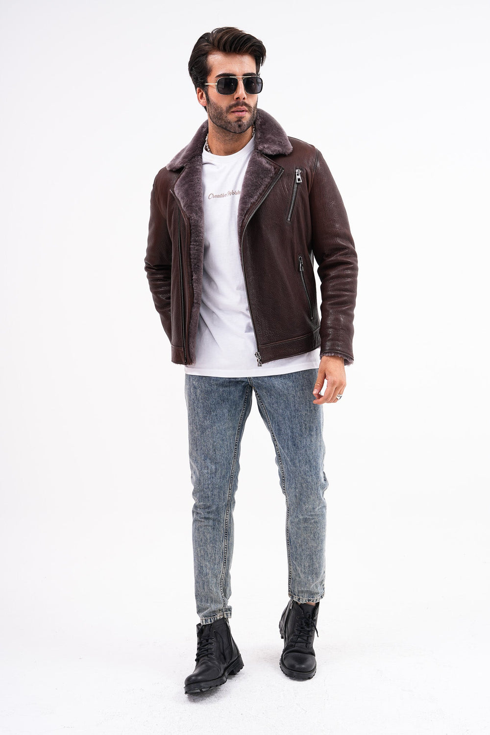 The Cortina Brown Shearling Leather Jacket Universal Fit