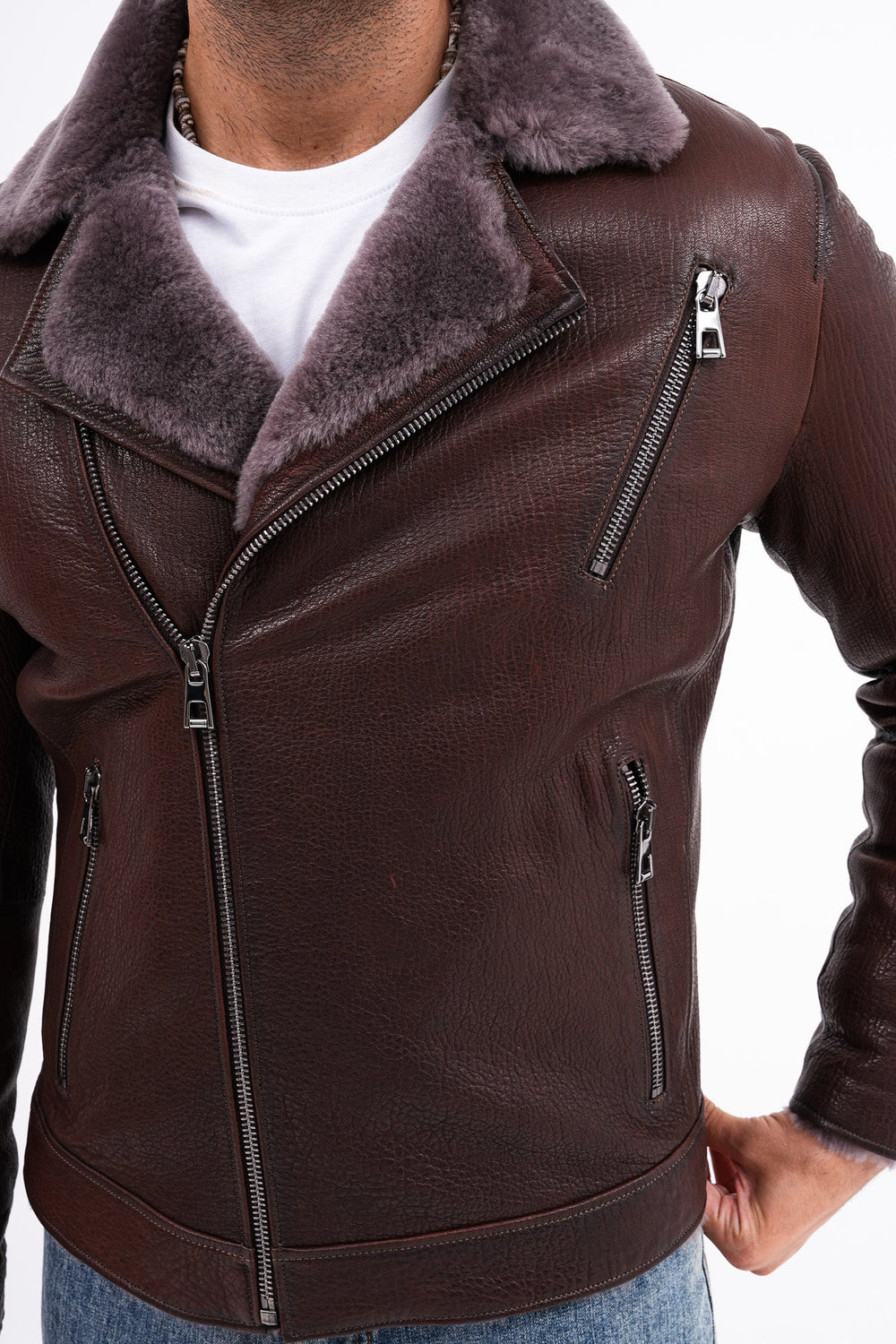 The Cortina Brown Shearling Leather Jacket Universal Fit