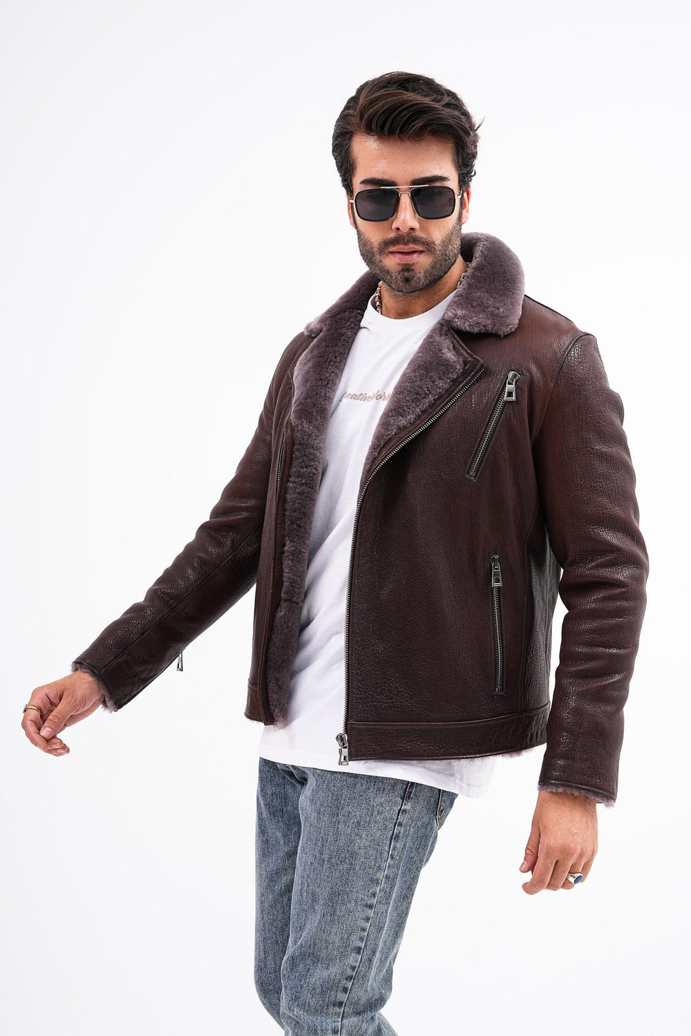 The Cortina Brown Shearling Leather Jacket Universal Fit