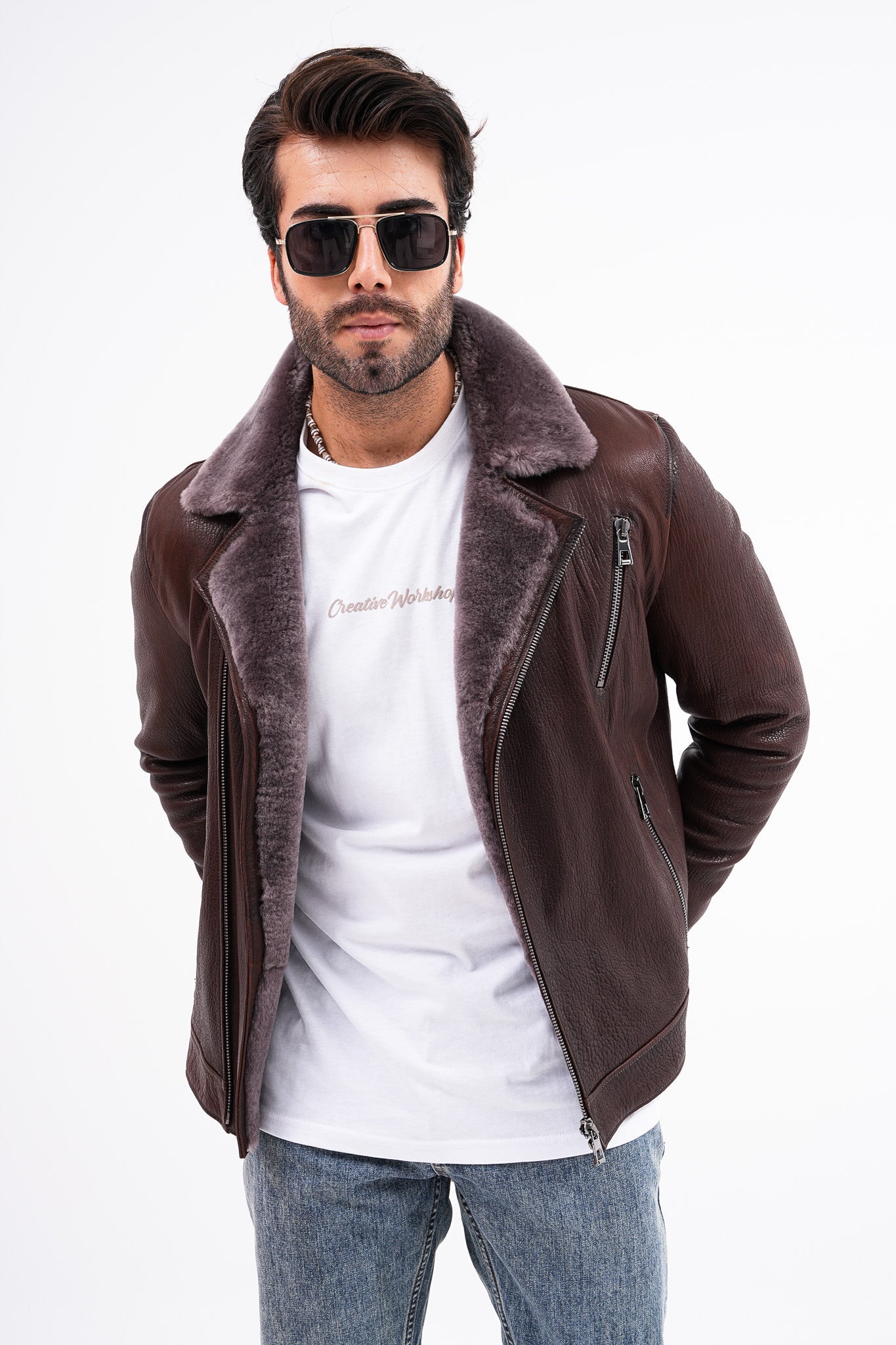 The Cortina Brown Shearling Leather Jacket Universal Fit