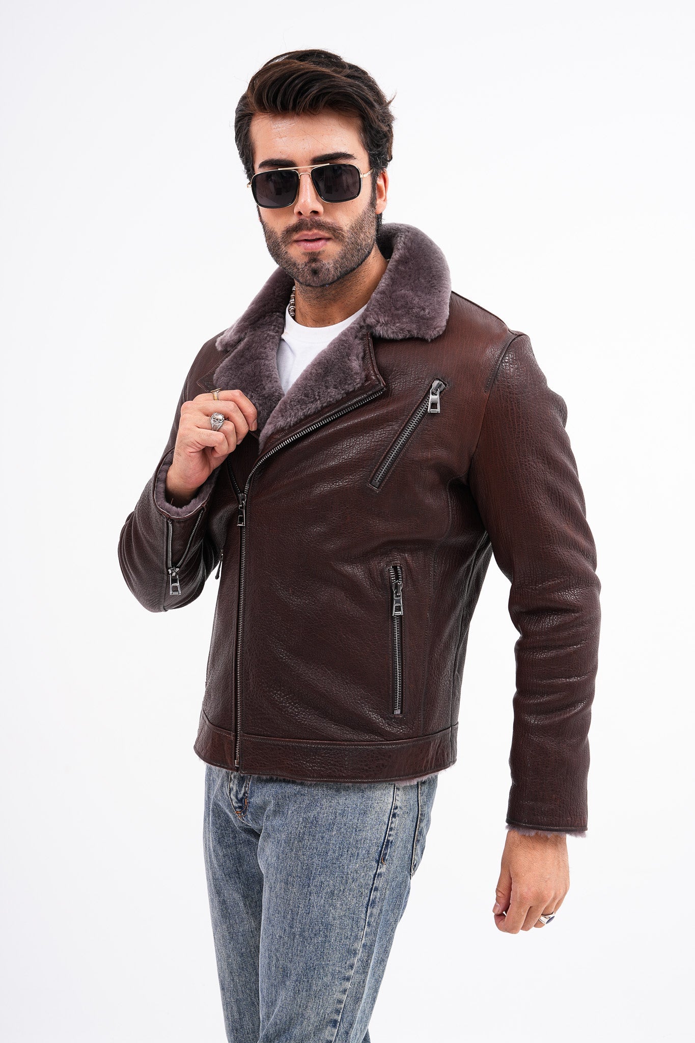 The Cortina Brown Shearling Leather Jacket Universal Fit