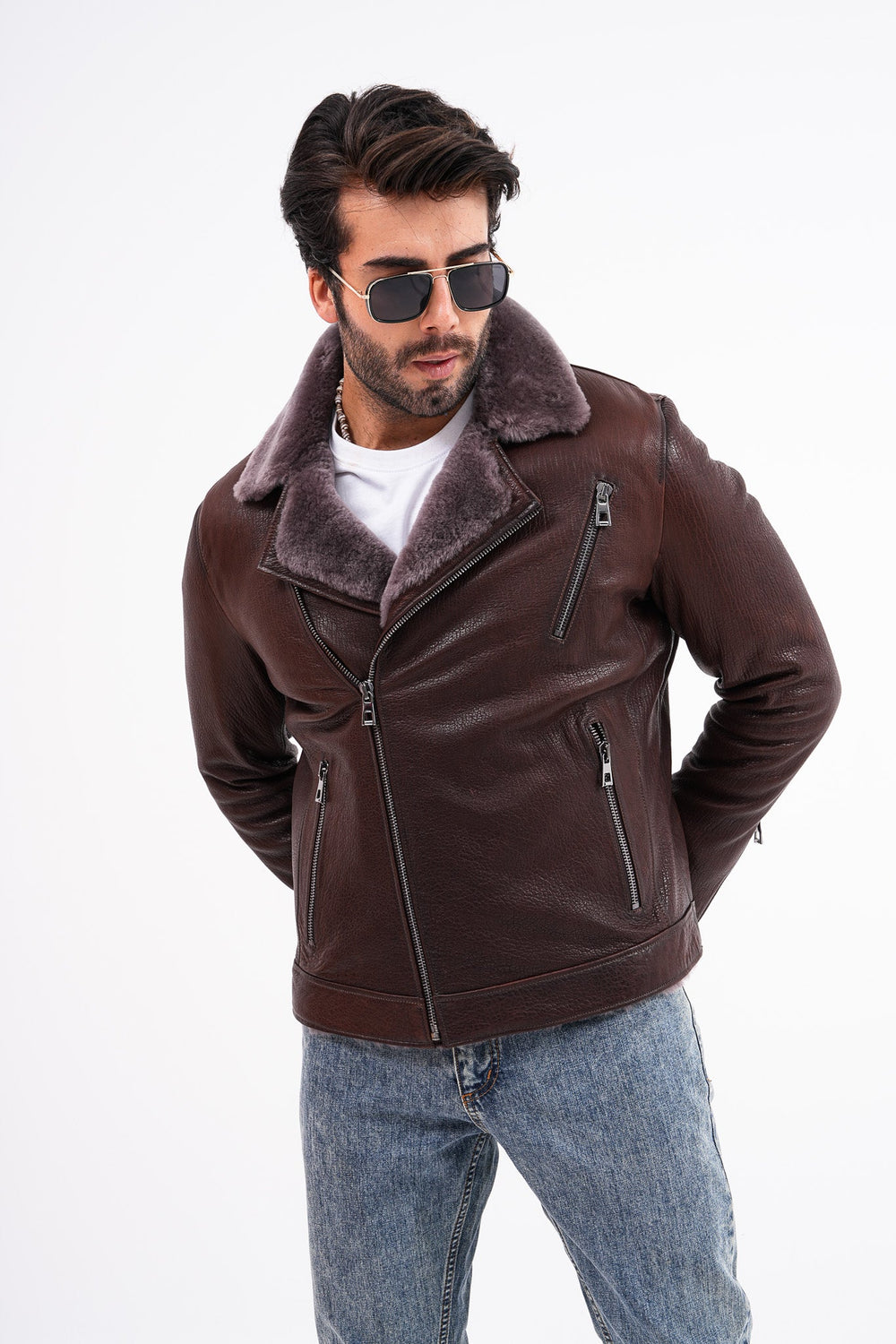 The Cortina Brown Shearling Leather Jacket Universal Fit