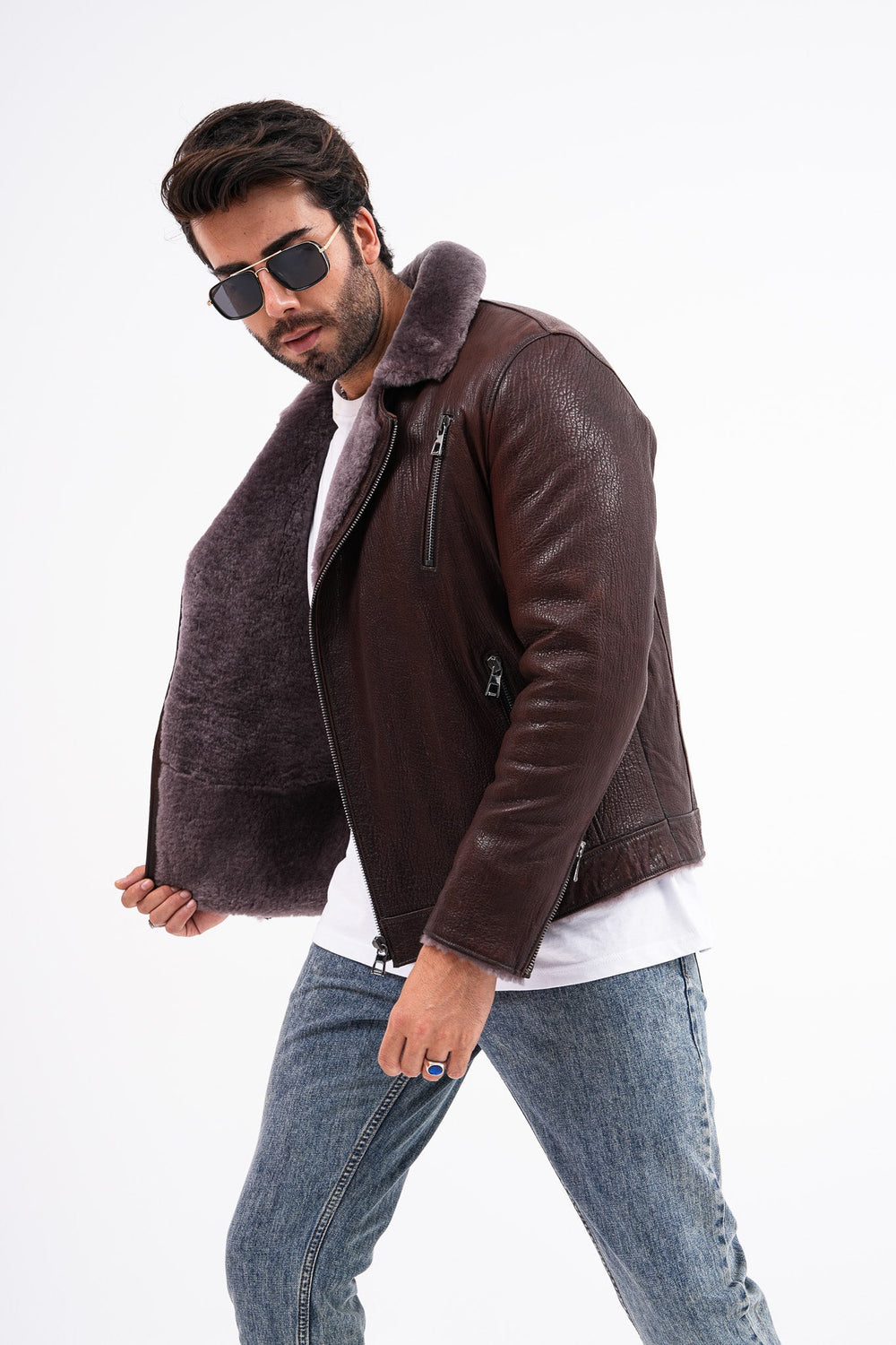 The Cortina Brown Shearling Leather Jacket Universal Fit