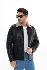 The Sarnico Black Shearling Collar Leather Jacket On Sale