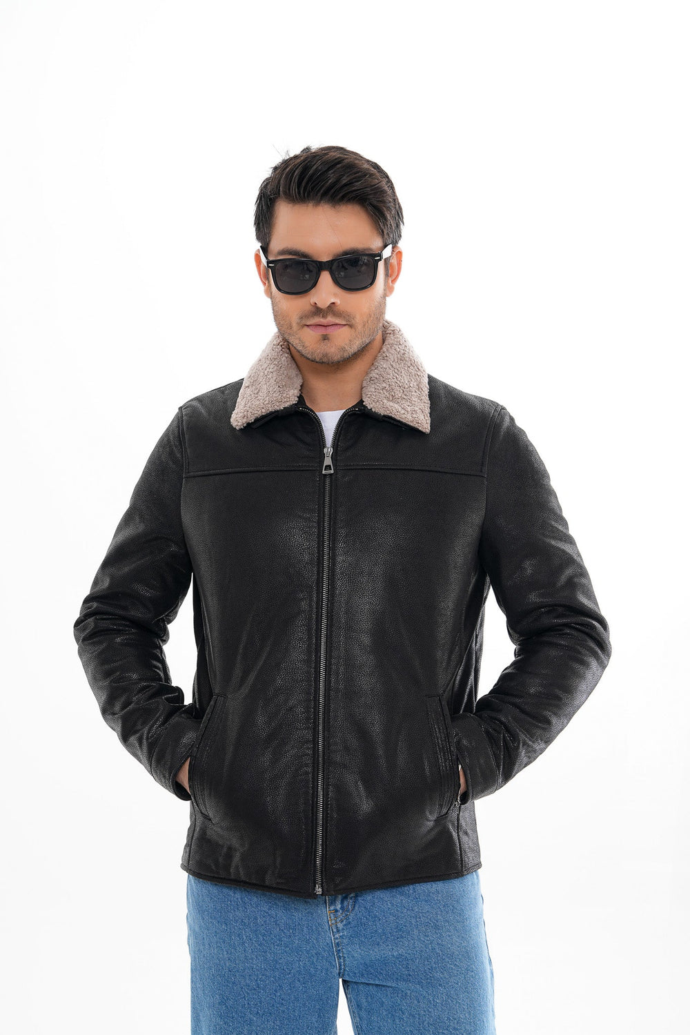 The Sarnico Black Shearling Collar Leather Jacket On Sale