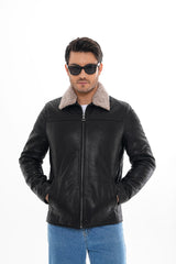 The Sarnico Black Shearling Collar Leather Jacket On Sale
