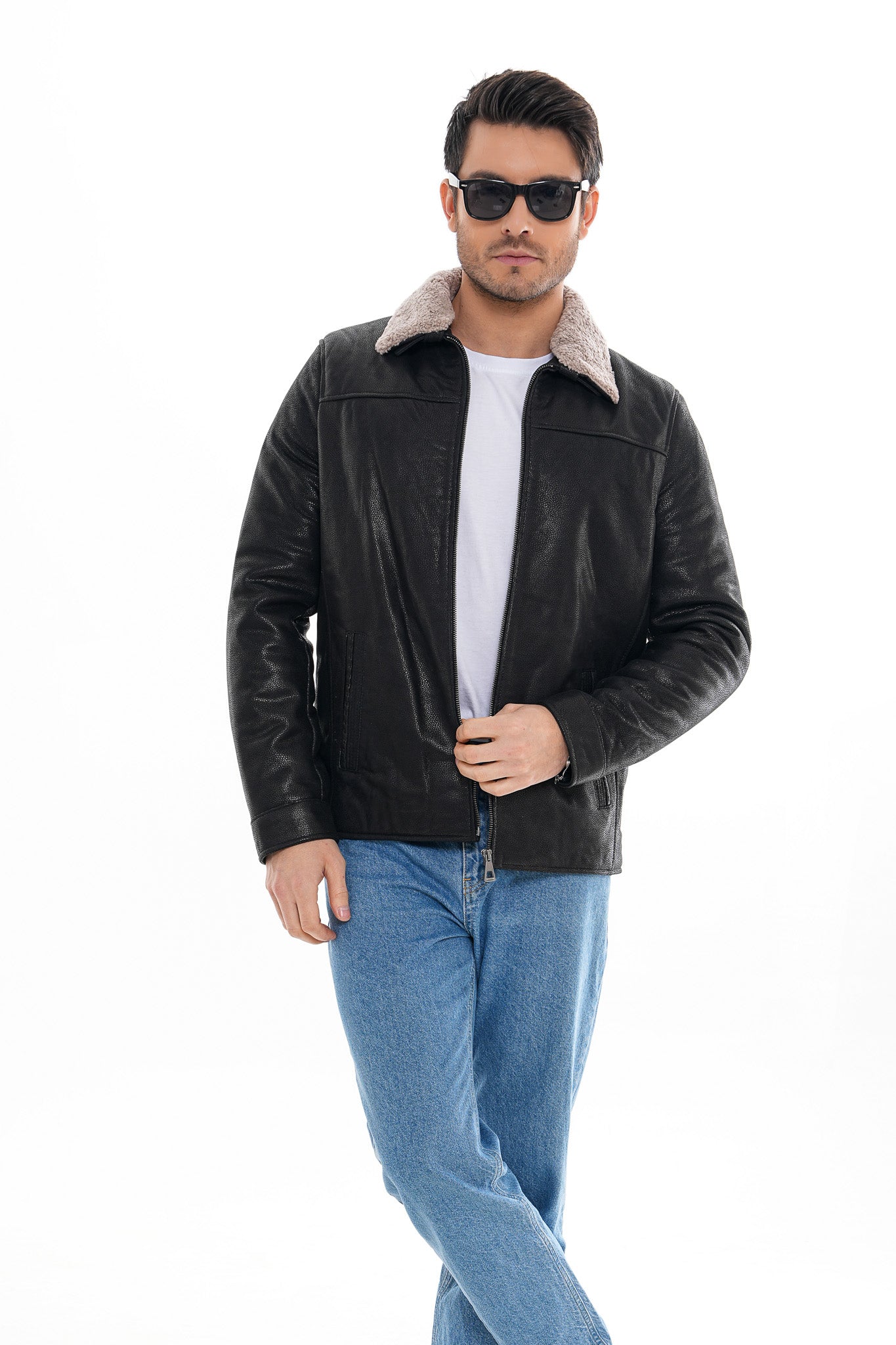 The Sarnico Black Shearling Collar Leather Jacket On Sale