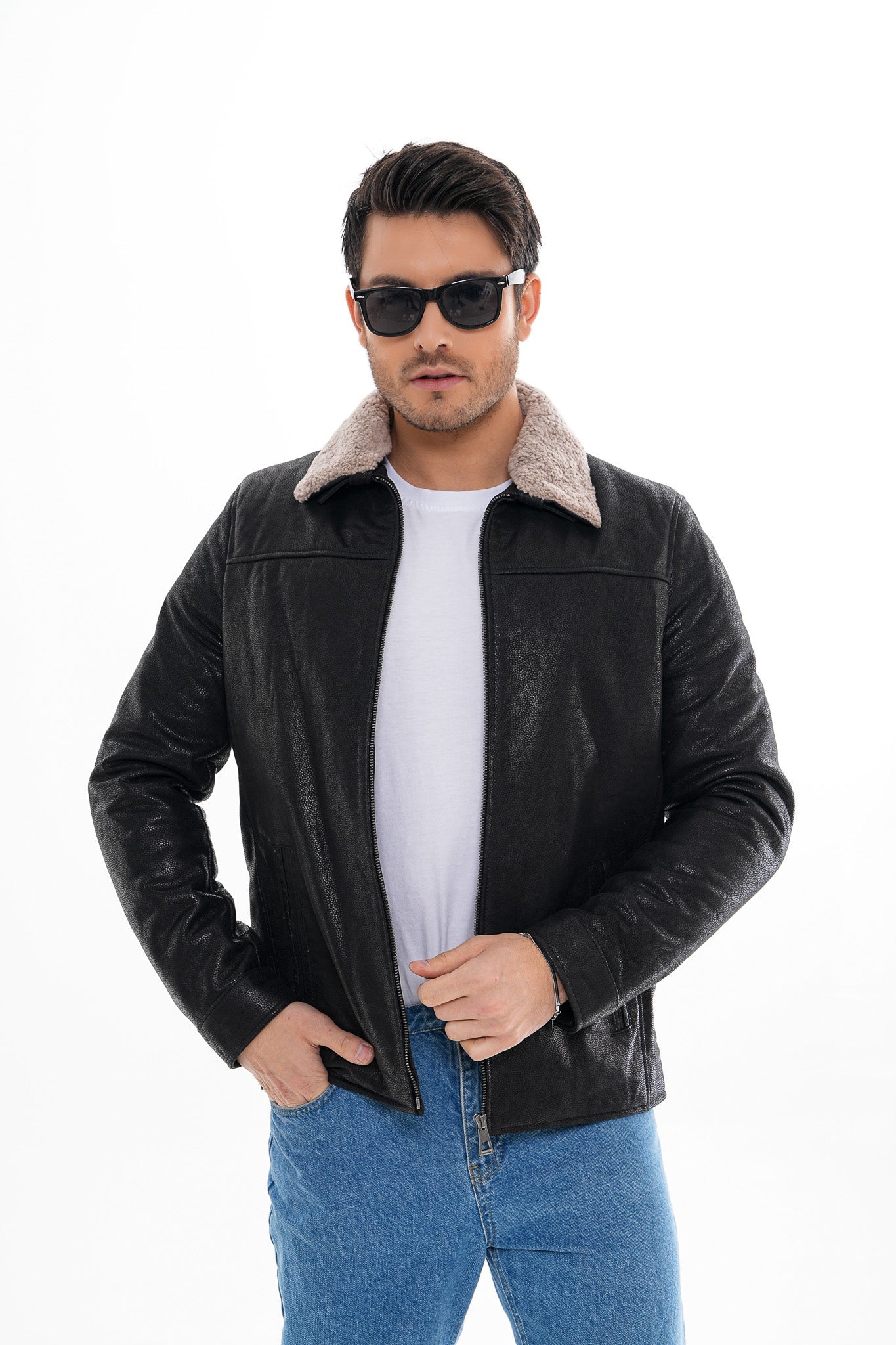The Sarnico Black Shearling Collar Leather Jacket On Sale