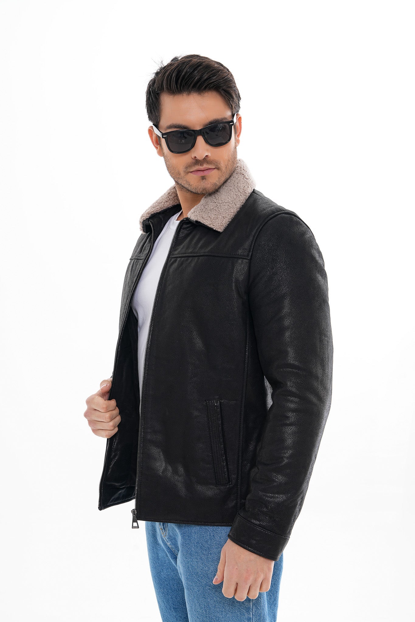 The Sarnico Black Shearling Collar Leather Jacket On Sale