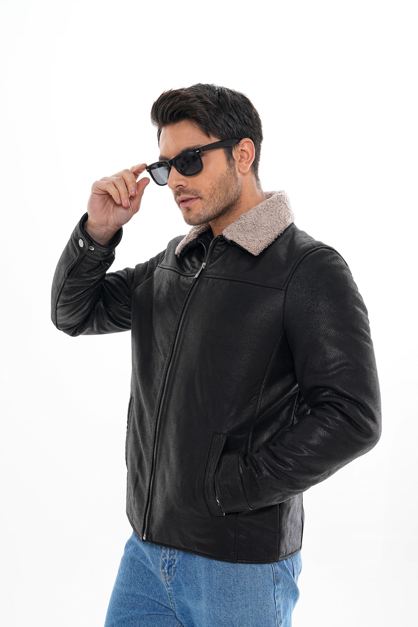 The Sarnico Black Shearling Collar Leather Jacket On Sale