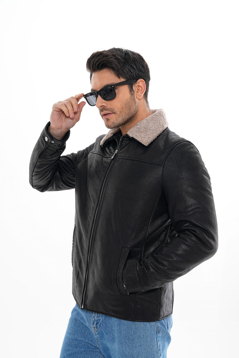 The Sarnico Black Shearling Collar Leather Jacket On Sale