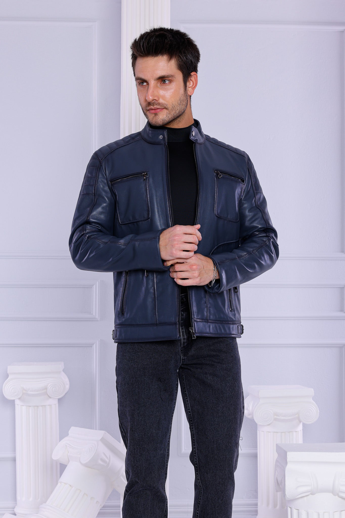 The Argento Navy Blue Leather Jacket Exclusive Style
