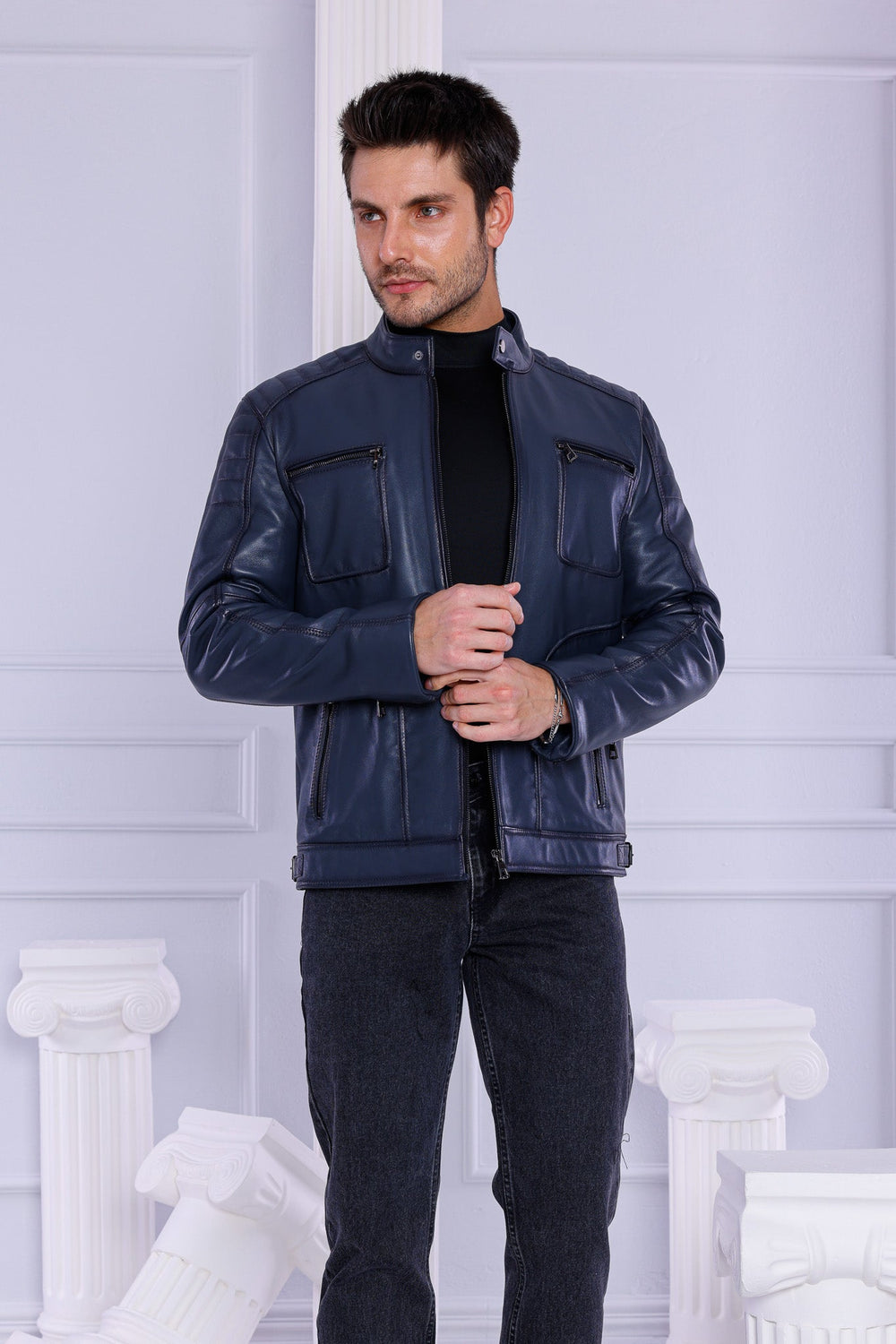 The Argento Navy Blue Leather Jacket Exclusive Style