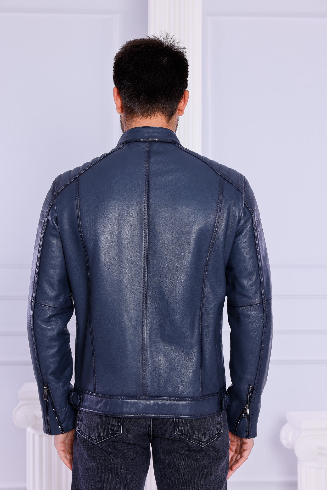 The Argento Navy Blue Leather Jacket Exclusive Style