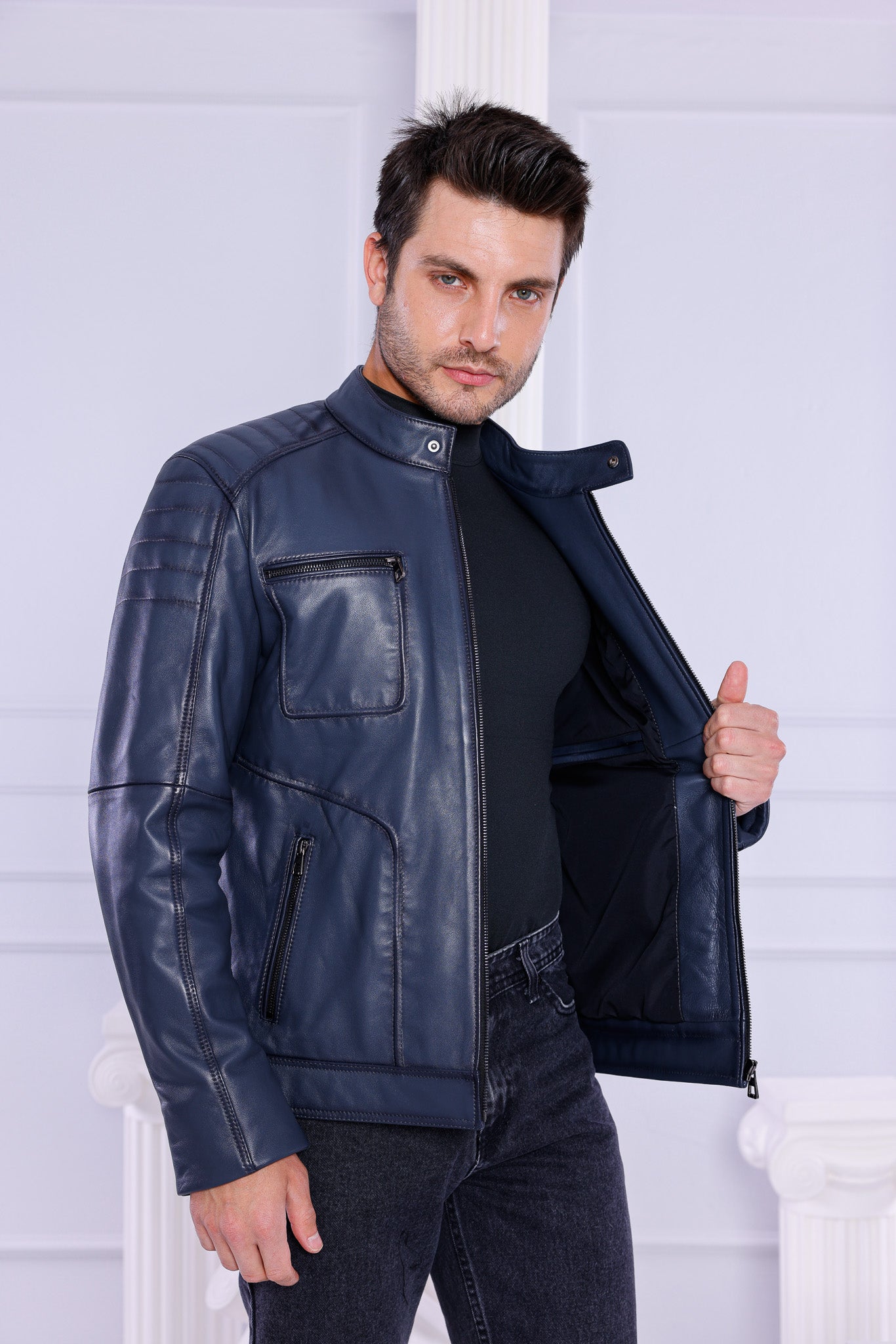 The Argento Navy Blue Leather Jacket Exclusive Style