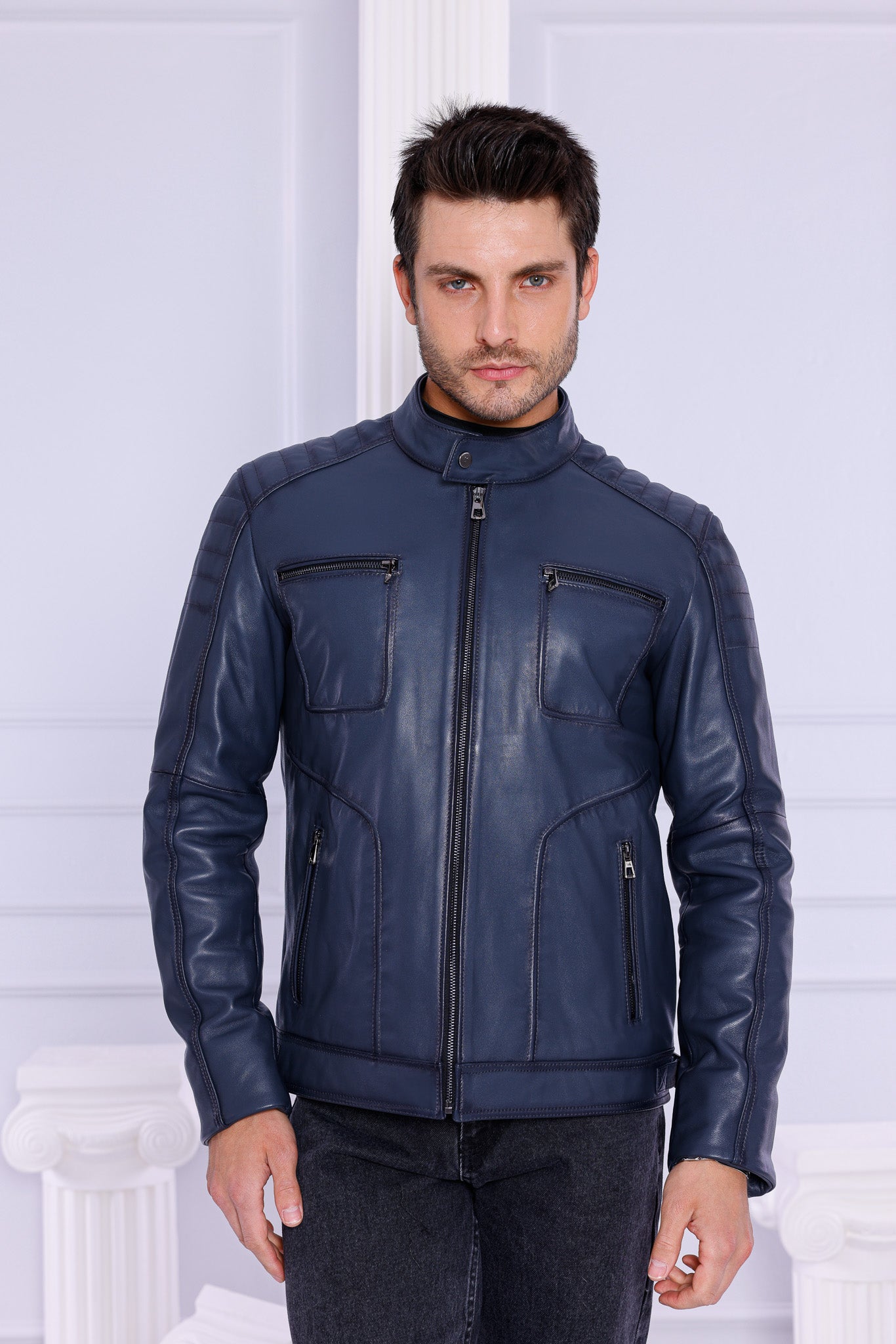 The Argento Navy Blue Leather Jacket Exclusive Style