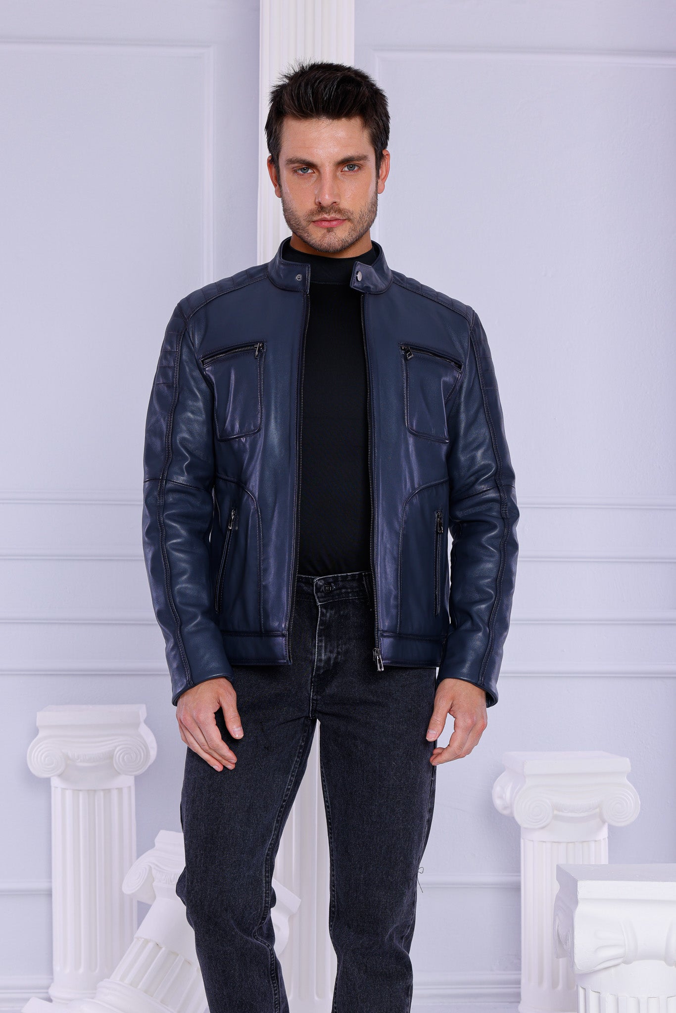 The Argento Navy Blue Leather Jacket Exclusive Style