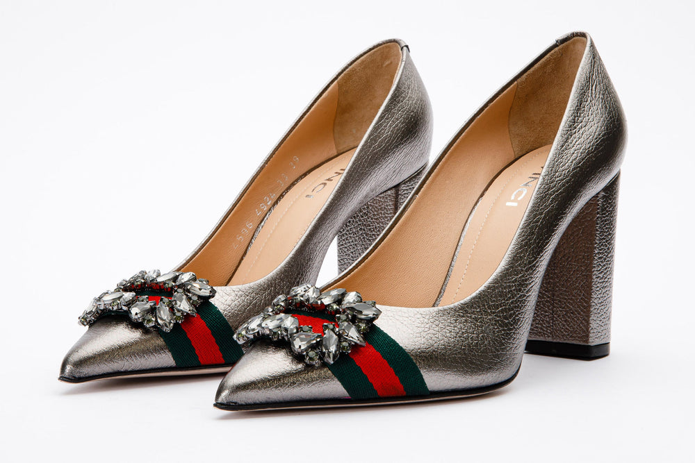 The Afega Silver Leather Block Heel Pump Shoe Fine Craftsmanship