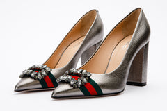 The Afega Silver Leather Block Heel Pump Shoe Fine Craftsmanship