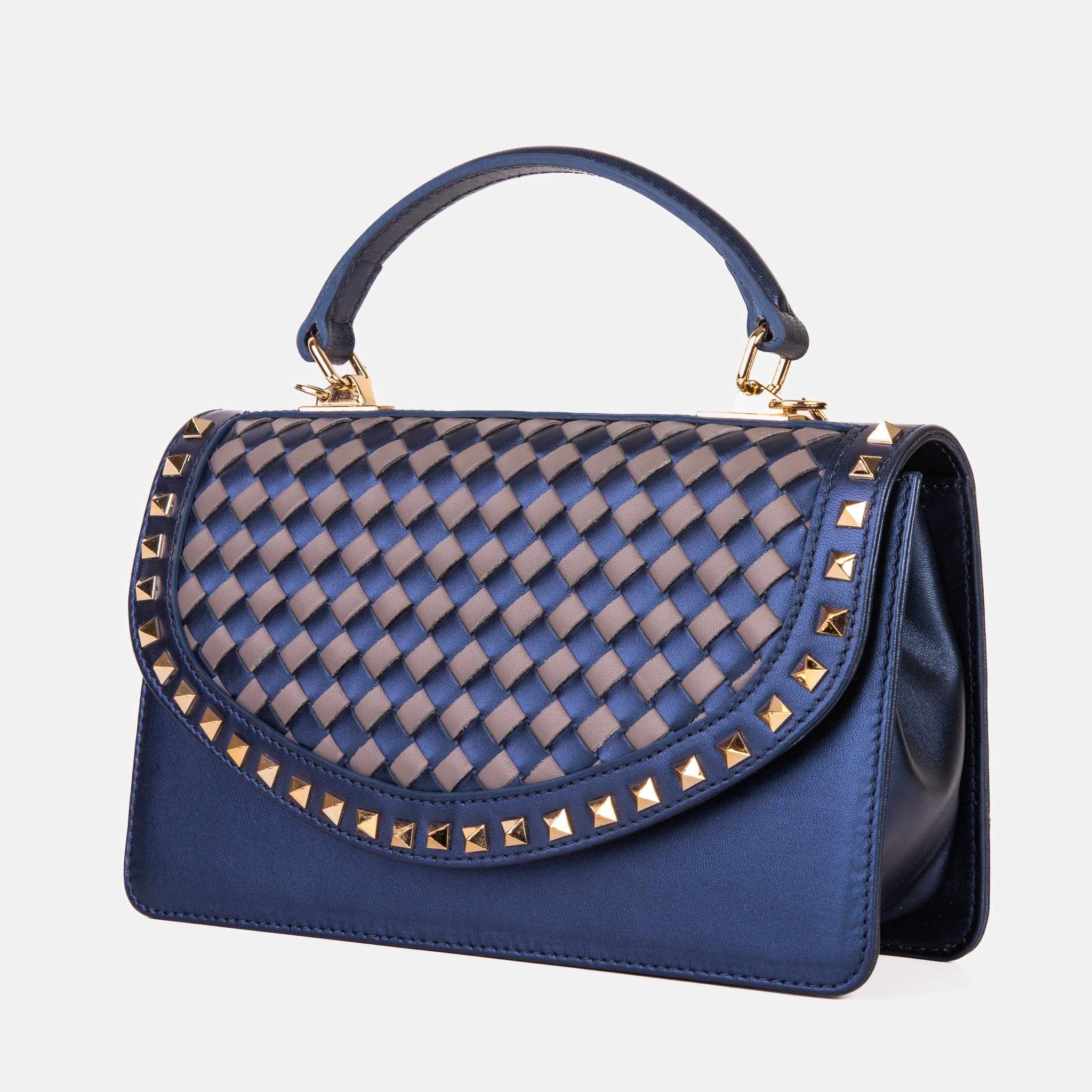 The Dosso Navy Blue and Beige Handwoven Leather Handbag Exclusive Style