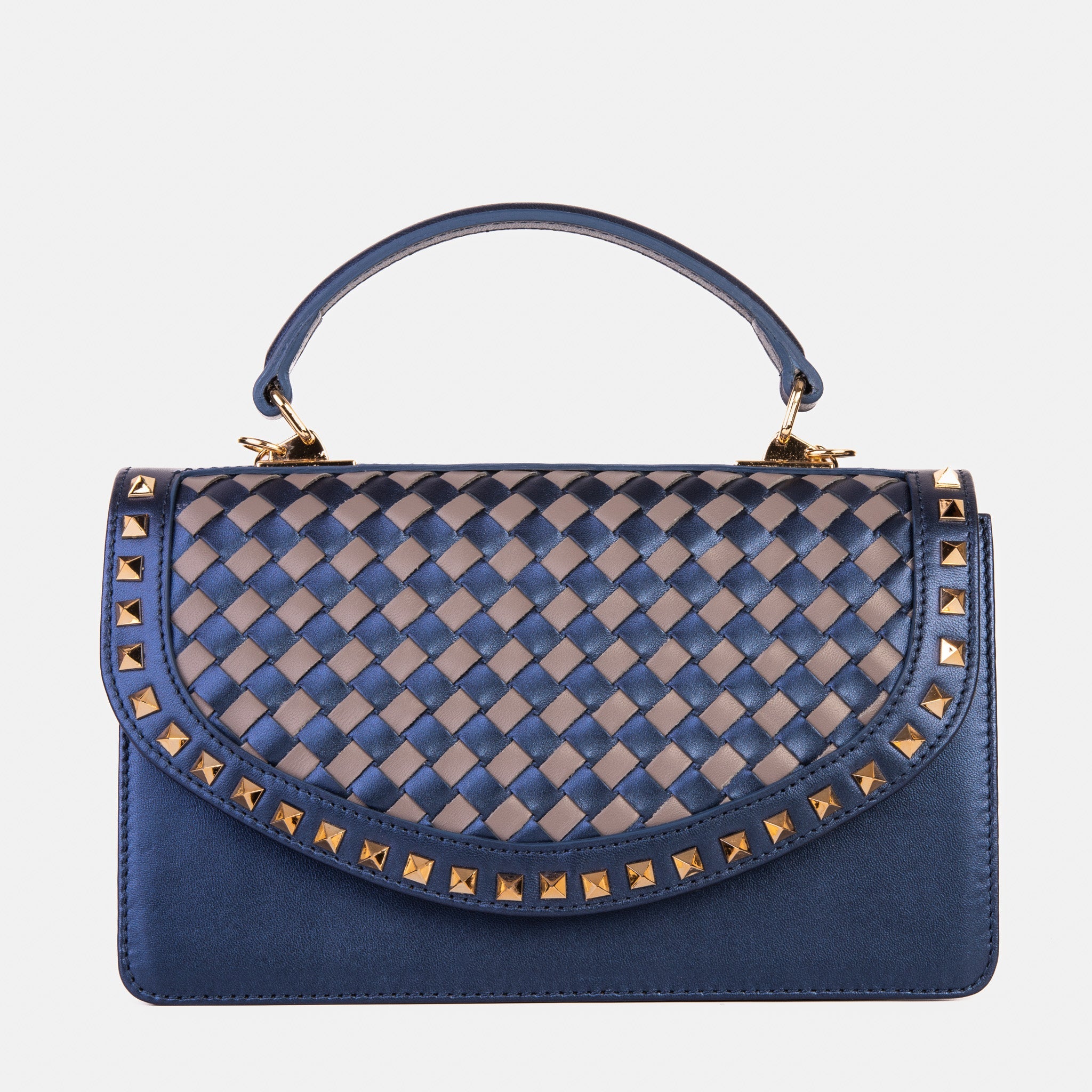 The Dosso Navy Blue and Beige Handwoven Leather Handbag Exclusive Style