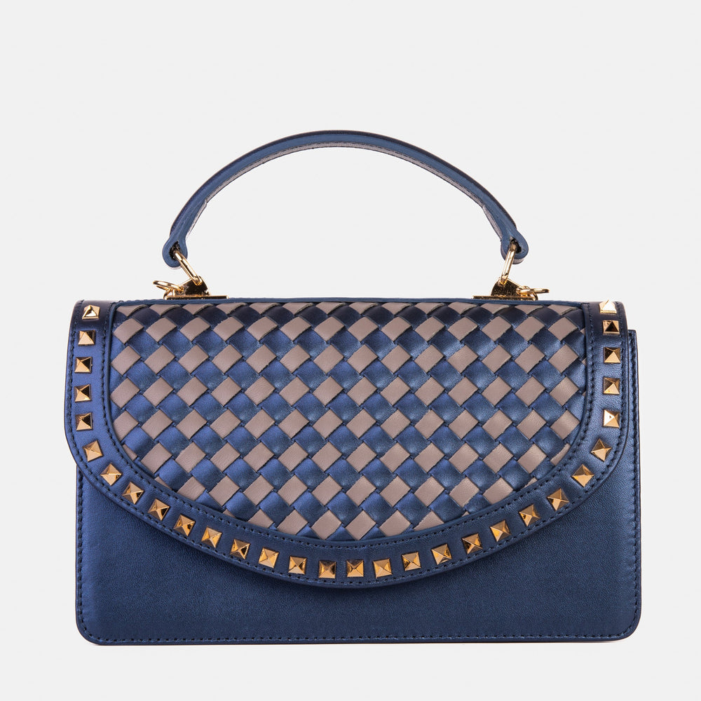 The Dosso Navy Blue and Beige Handwoven Leather Handbag Exclusive Style