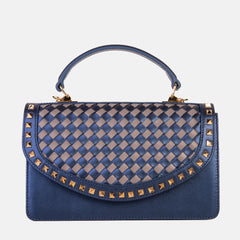 The Dosso Navy Blue and Beige Handwoven Leather Handbag Exclusive Style