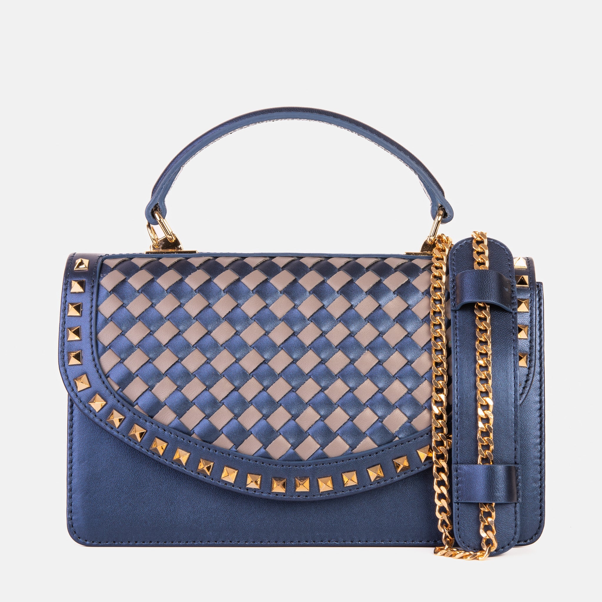 The Dosso Navy Blue and Beige Handwoven Leather Handbag Exclusive Style