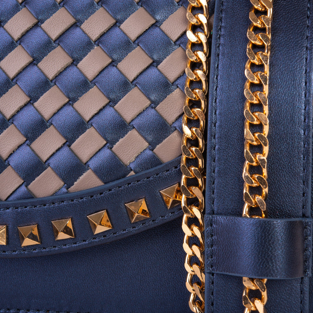 The Dosso Navy Blue and Beige Handwoven Leather Handbag Exclusive Style